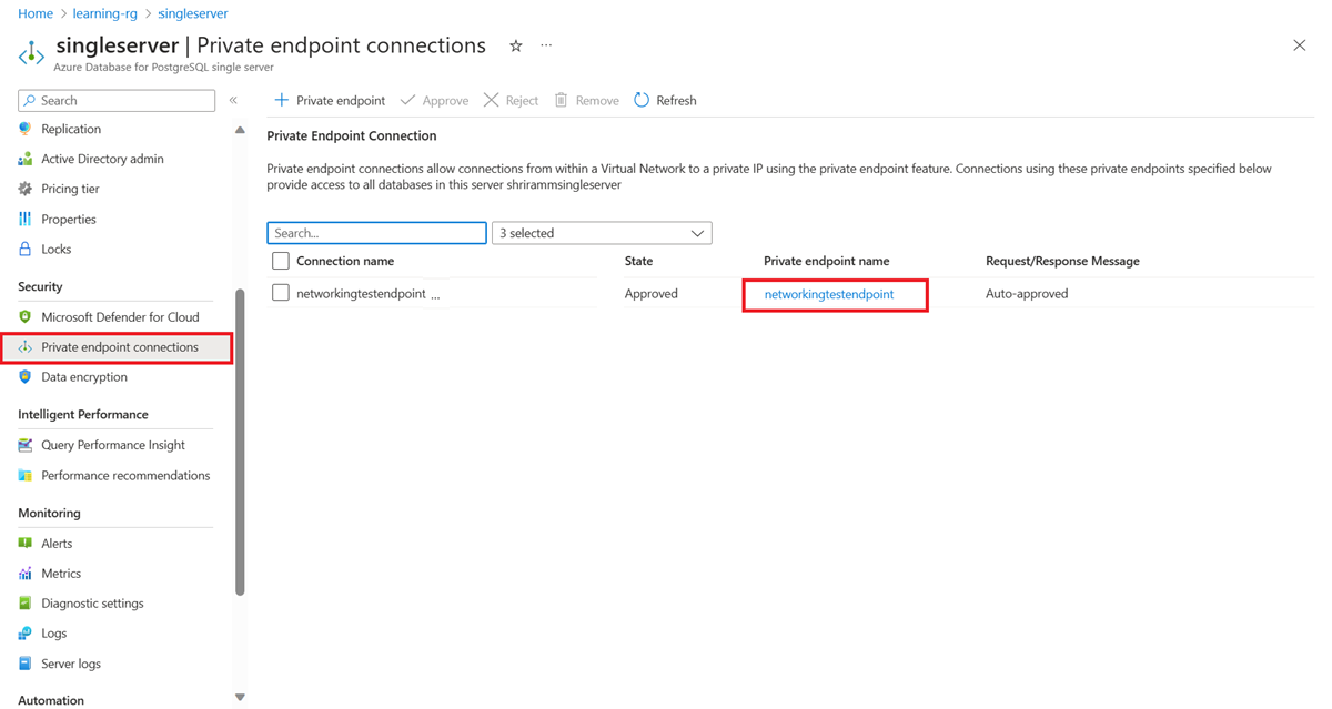 Screenshot of the private endpoint connection for the single server.