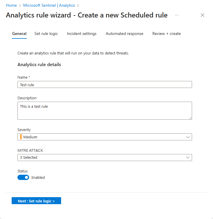 Screenshot of opening screen of analytics rule wizard in the Azure portal.