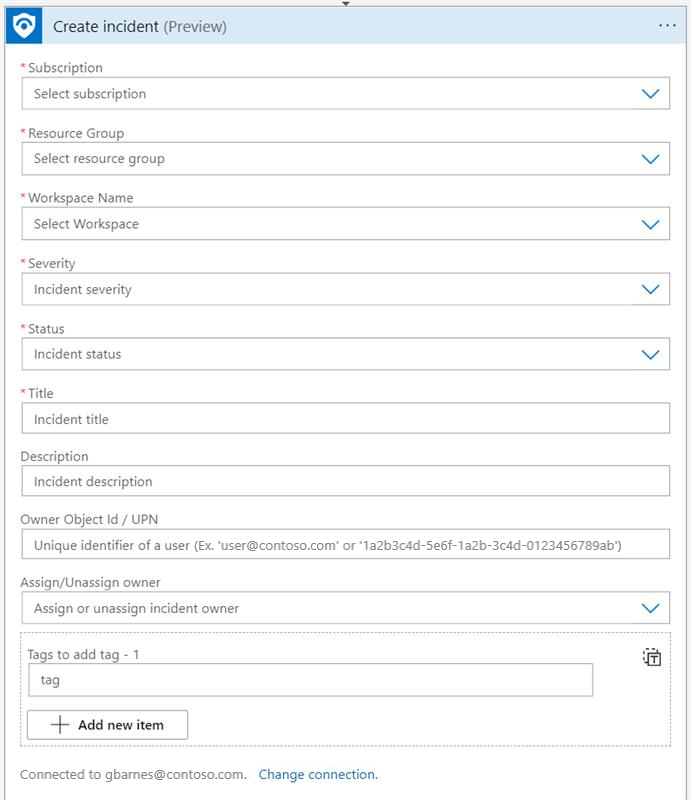 Screenshot of create incident action parameters in Microsoft Sentinel connector.