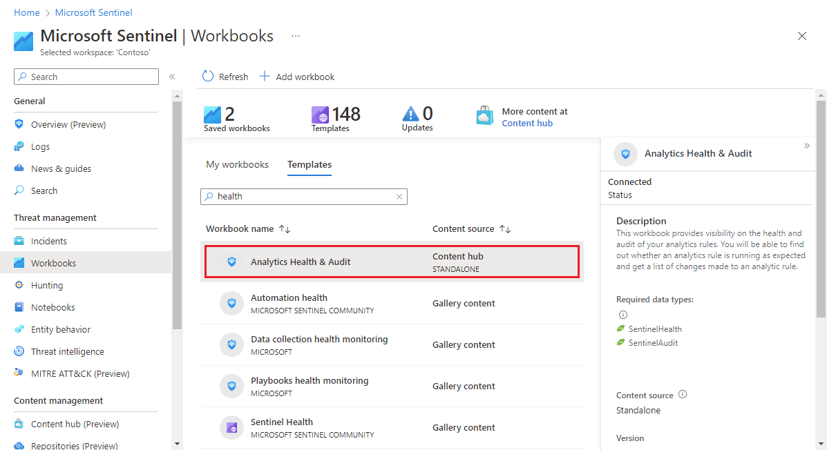 Screenshot of selecting analytics health workbook from template gallery.