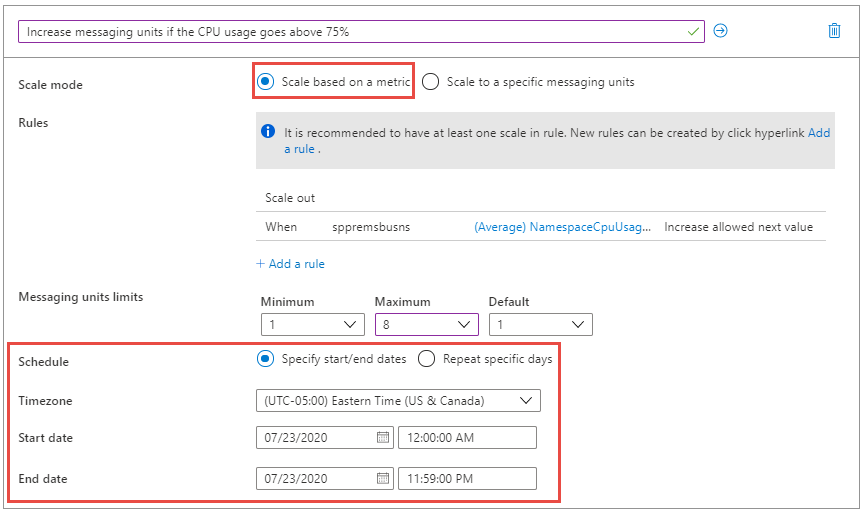 Minimum, maximum, and default values for number of messaging units