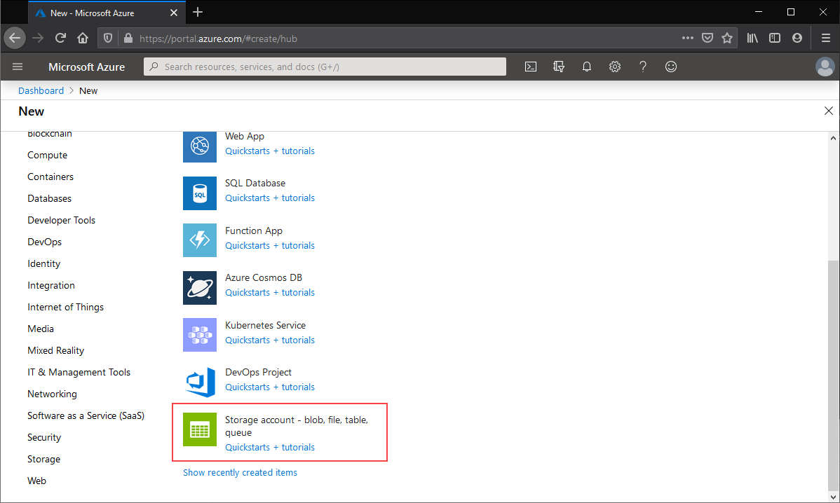 A screenshot of the storage account quick create option in a browser