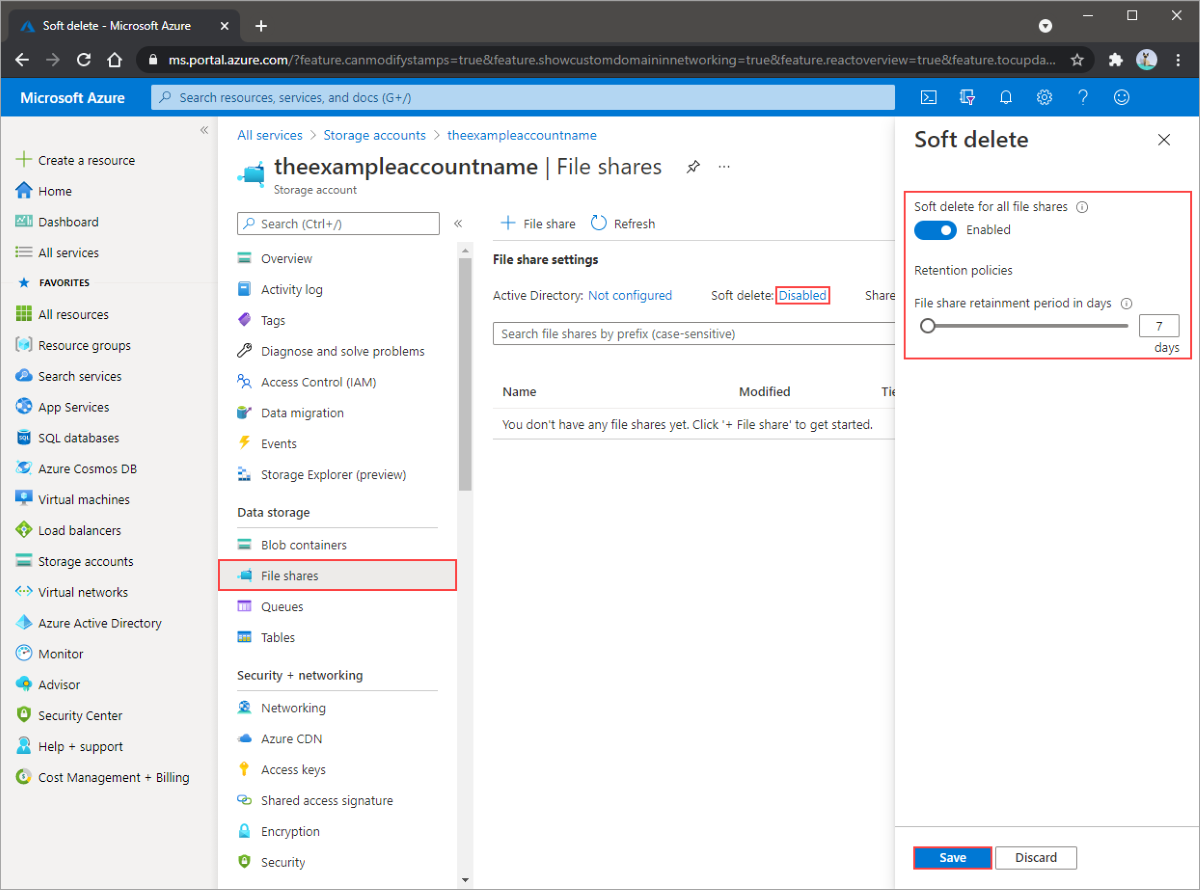 Screenshot of the storage account soft delete settings pane. Highlighting the file shares soft delete section, enable toggle, set a retention period, and save. This will enable soft delete for all file shares in your storage account.