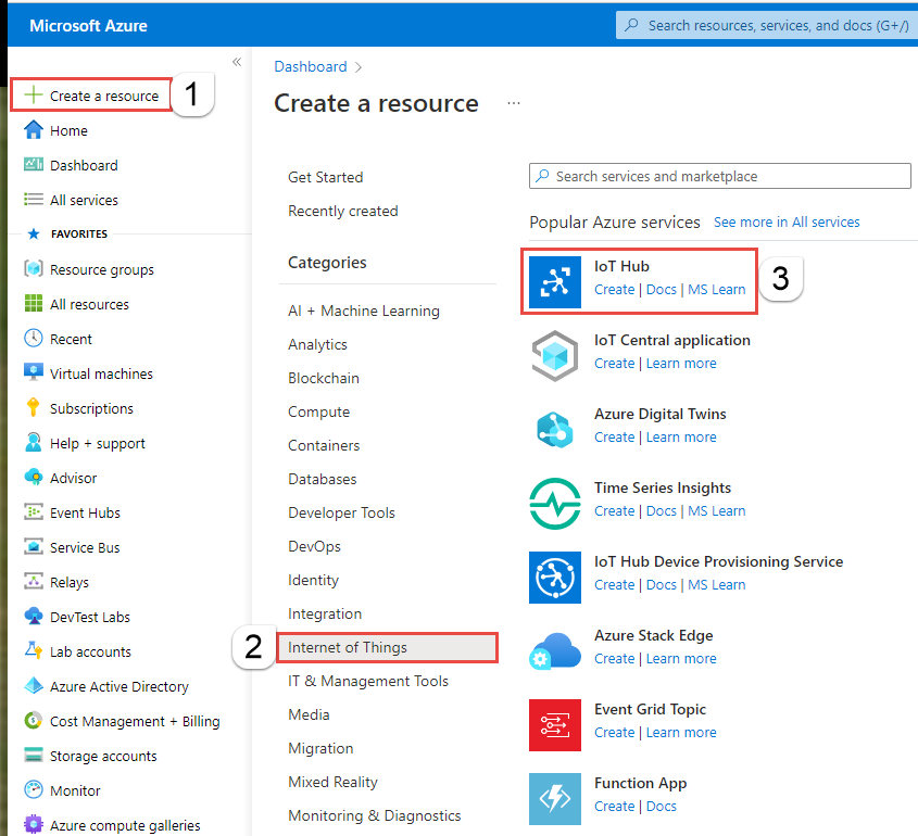 Screenshot showing the Create Resource page for Iot Hub.