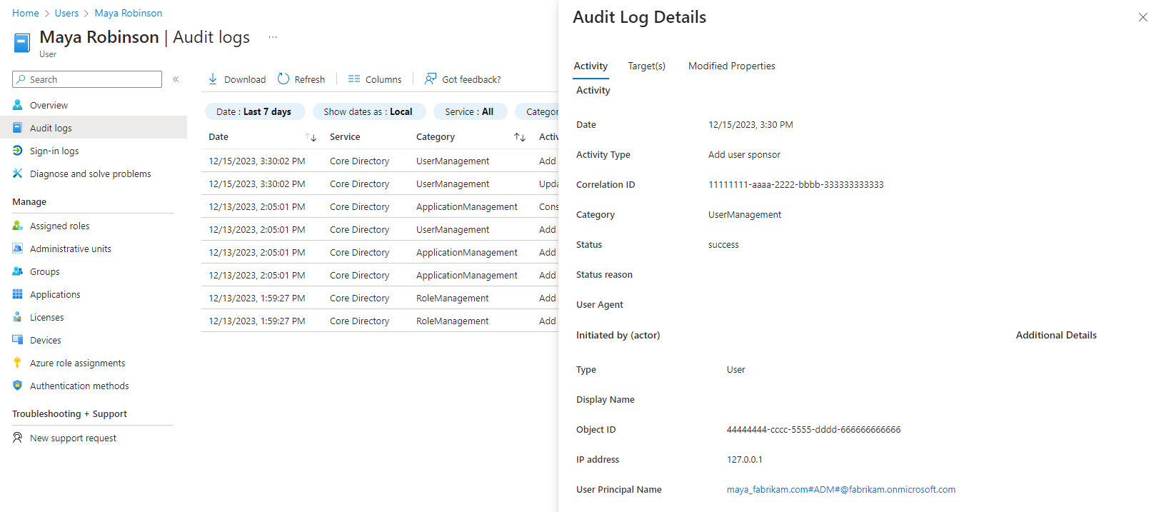 Screenshot showing an example of activity details output.