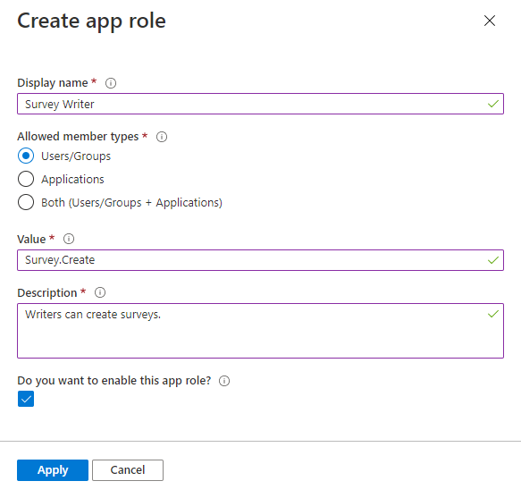 An app registration's app roles create context pane in the Azure portal