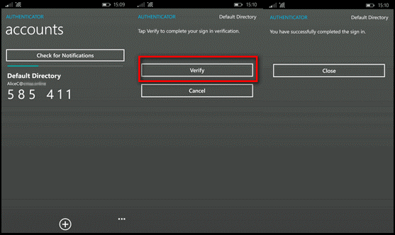 Example Windows Phone Authenticator app showing verification