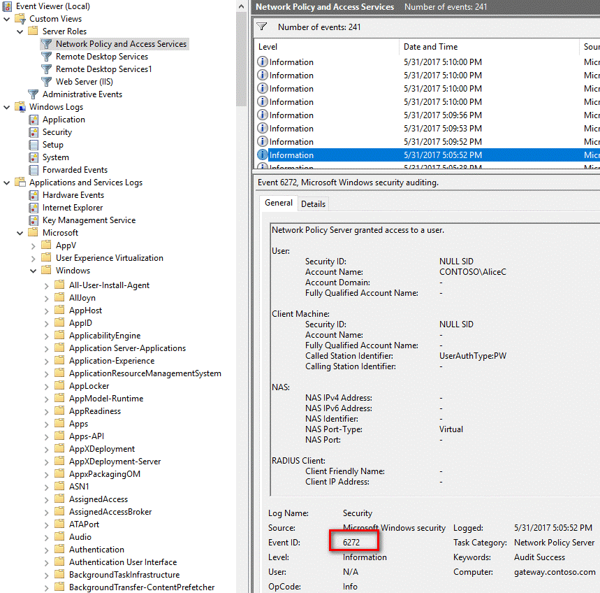Network Policy and Access Services Event Viewer