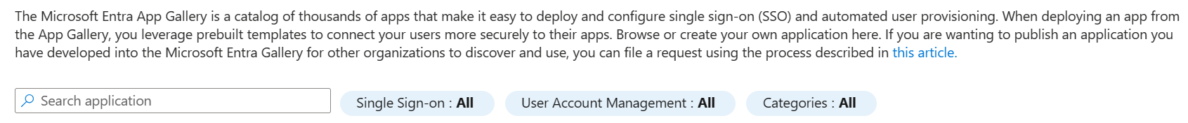 Screenshot showing the search options on the Microsoft Entra application gallery pane in the Microsoft Entra admin center.