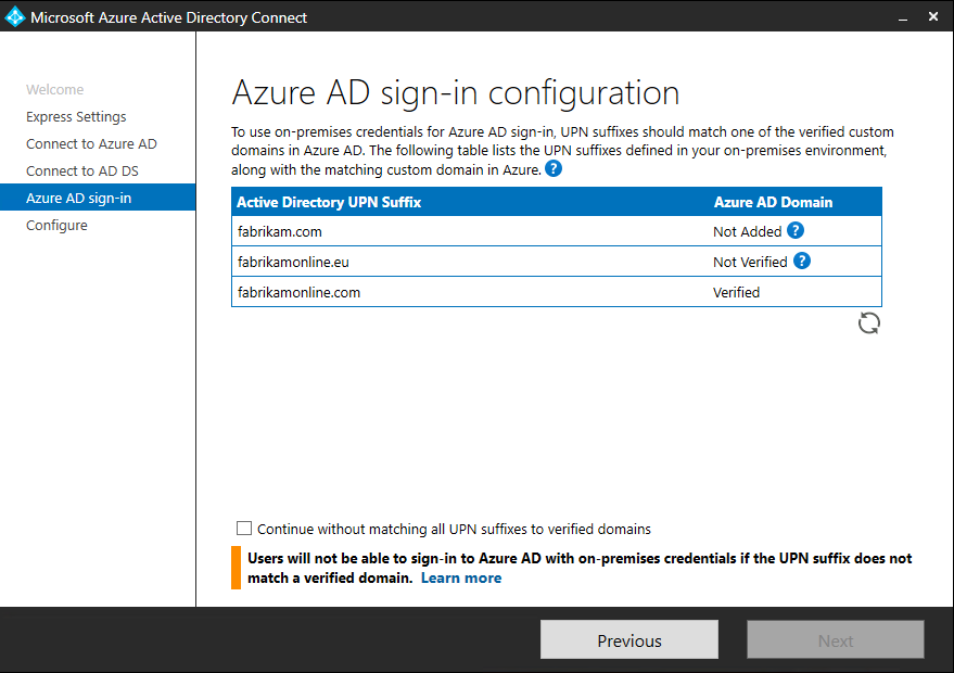 Screenshot that shows examples of unverified domains in the installation wizard.