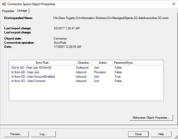 Screenshot showing the Lineage tab in the Connector Space Object Properties window