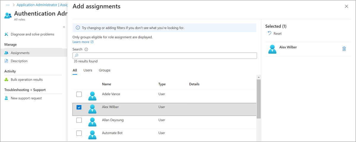 Screenshot of Add assignments page and Select a member pane with PIM enabled.