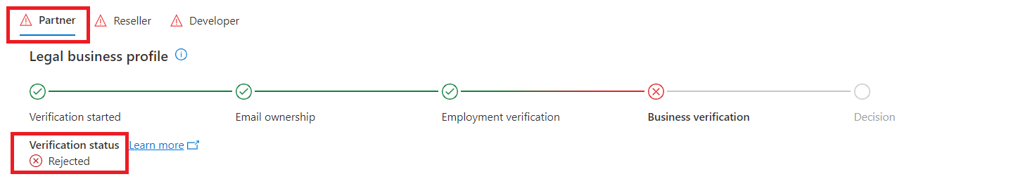 Screenshot of the Account settings | Legal Info window in Partner Center, with the Partner tab and verification status highlighted.