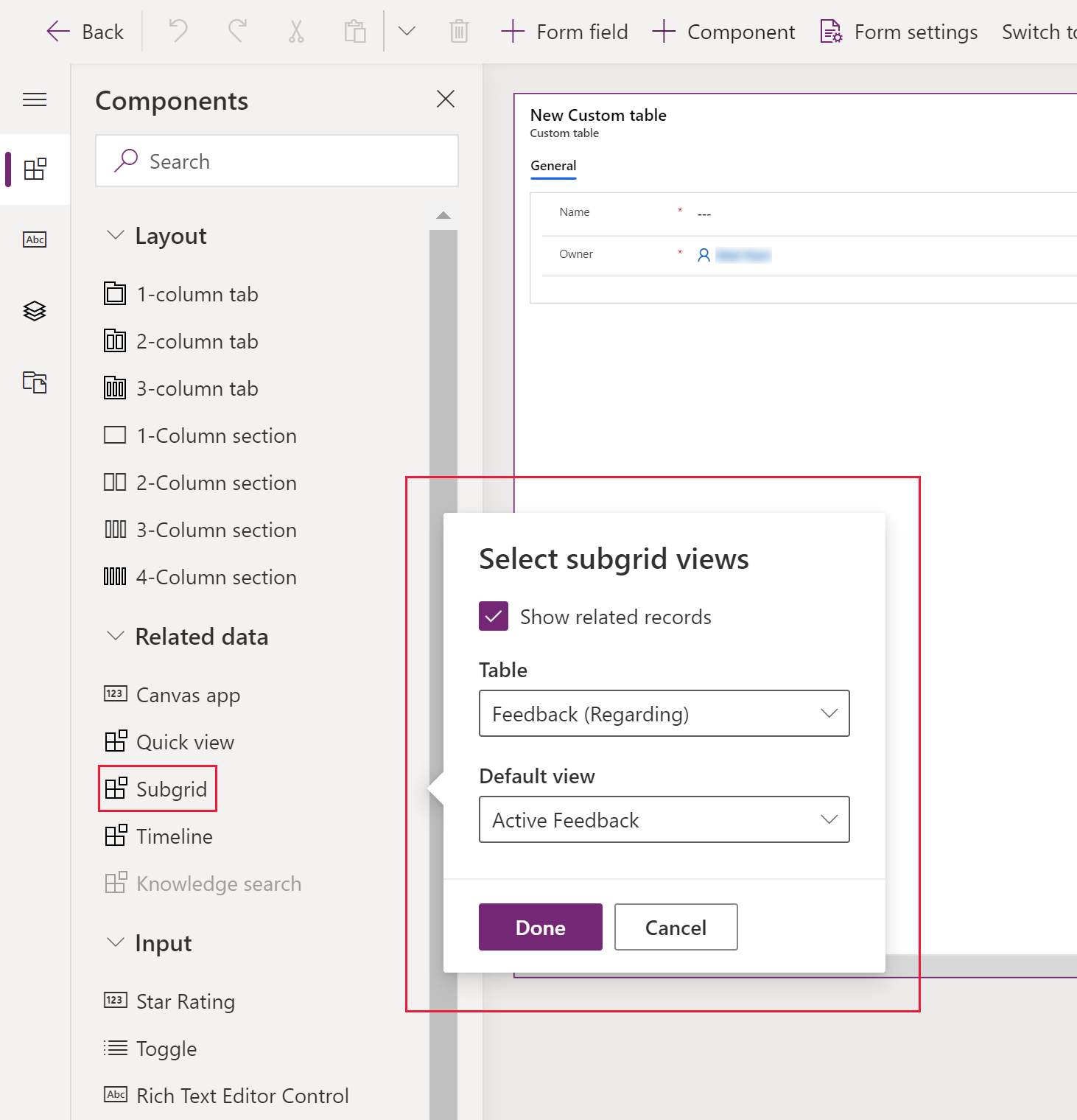 Configure the subgrid for feedback records