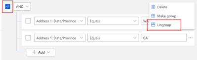 A screenshot of the view filter editor, showing a condition group's Ungroup option.