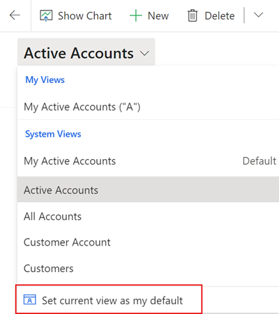 A screenshot of the view selector on a grid page, showing the option to set a new default view.