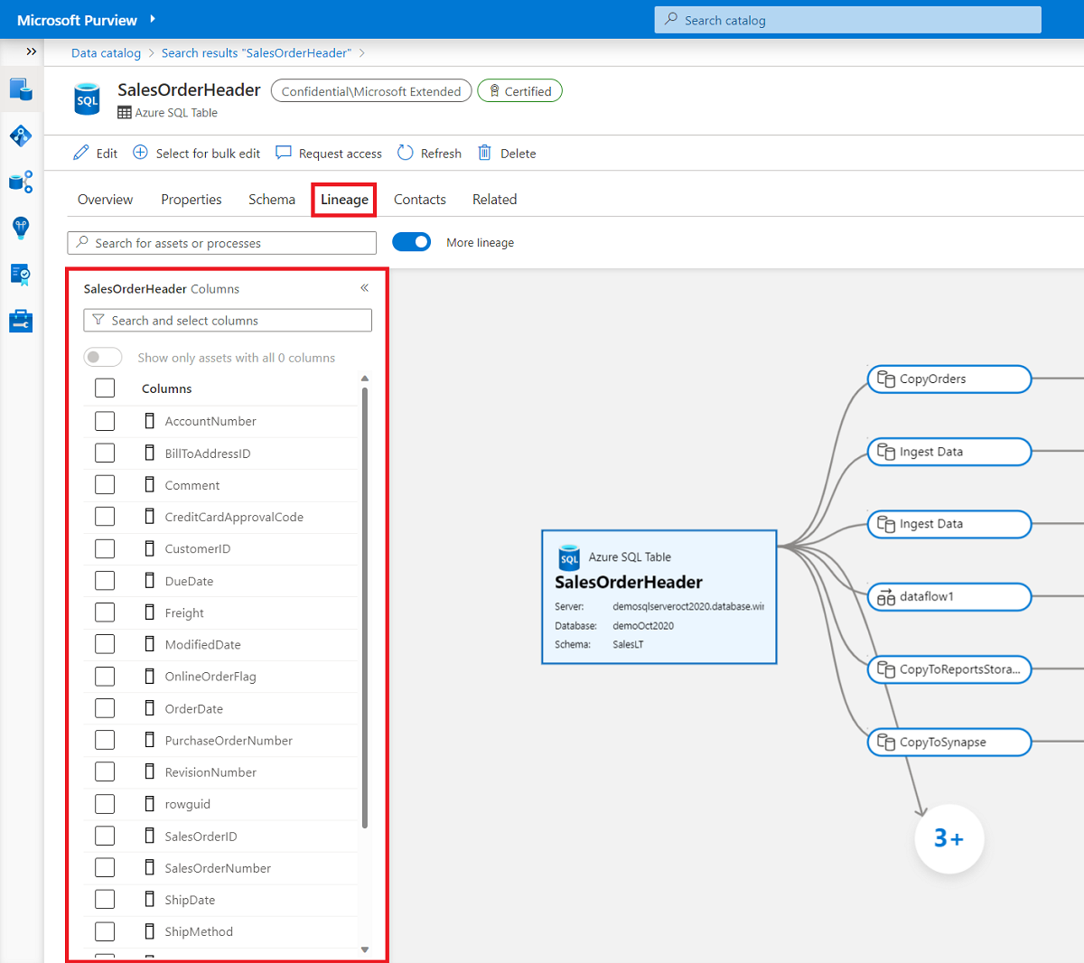 Screenshot showing how to select View columns in the lineage page.