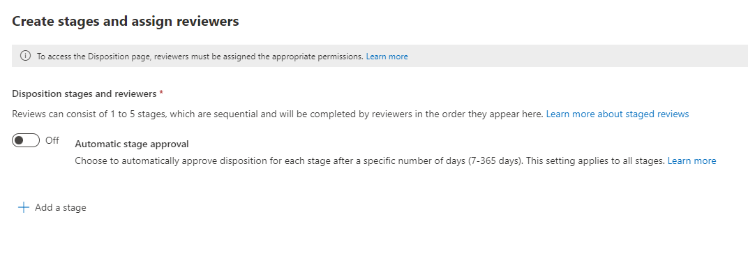 Disposition review configuration settings for a retention label.