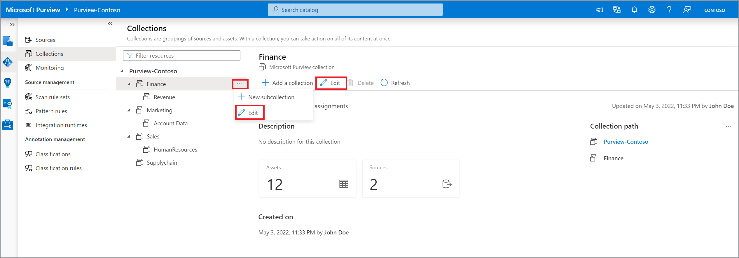 Screenshot of Microsoft Purview governance portal window to edit and rename a collection, open to collection window, with the 'edit' button highlighted both in the selected collection window, and under the ellipsis button next to the name of the collection.