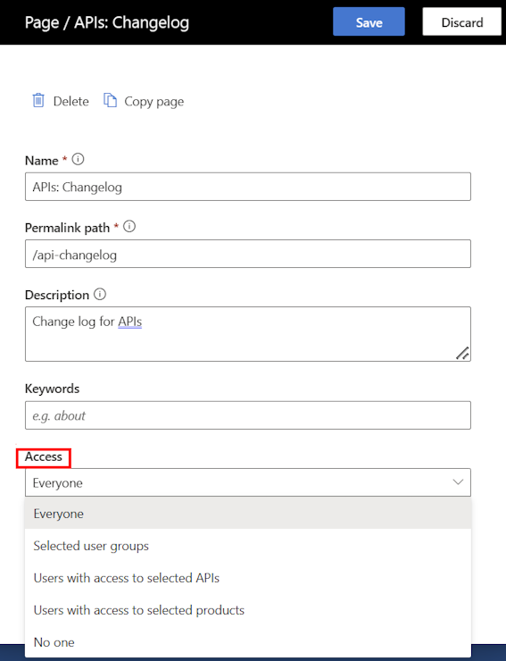 Screenshot of the page access control settings in the developer portal.