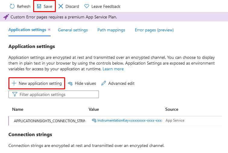 Screenshot showing a web app's Configuration page with two app settings added.