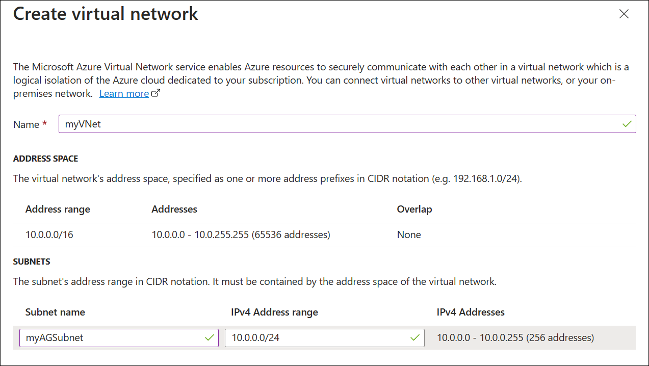 Screenshot of creating a new application gateway virtual network.