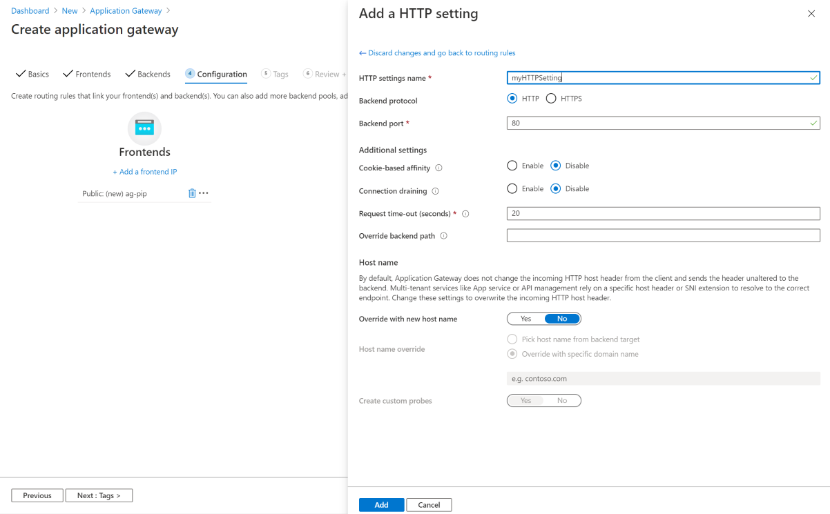 Screenshot of Adding H T T P setting from the configuration tab of Create new Application Gateway