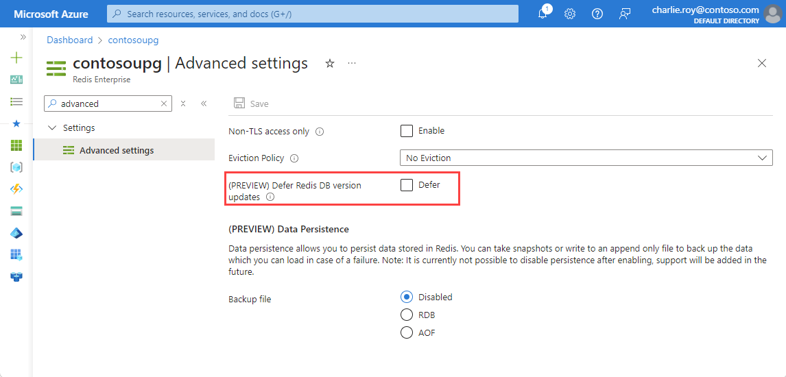 Screenshot showing Advanced settings selected in the Resource menu and a red box around Defer Redis DB version updates.