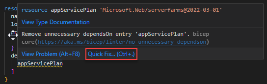 The screenshot of No unnecessary dependson linter rule with quick fix.