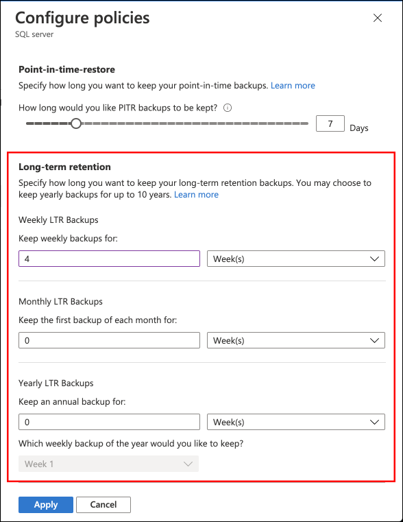 Screenshot of the Azure portal, the configure policies pane.