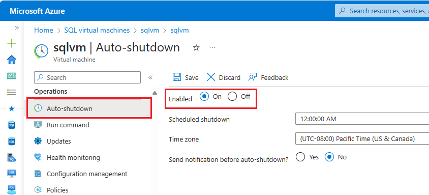 Screenshot of the auto-shutdown pane of the virtual machine in the Azure portal.