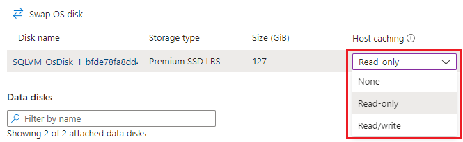 Screenshot showing the disk caching policy configuration in the Azure portal.