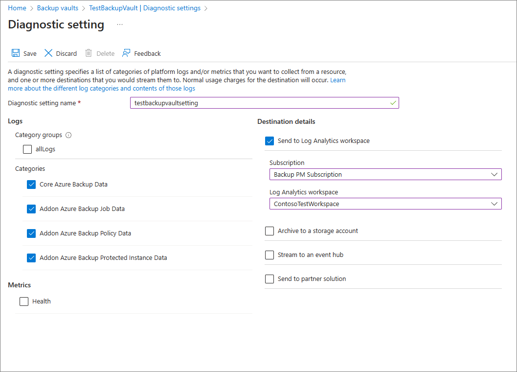 Screenshot shows the backup vault diagnostics settings.