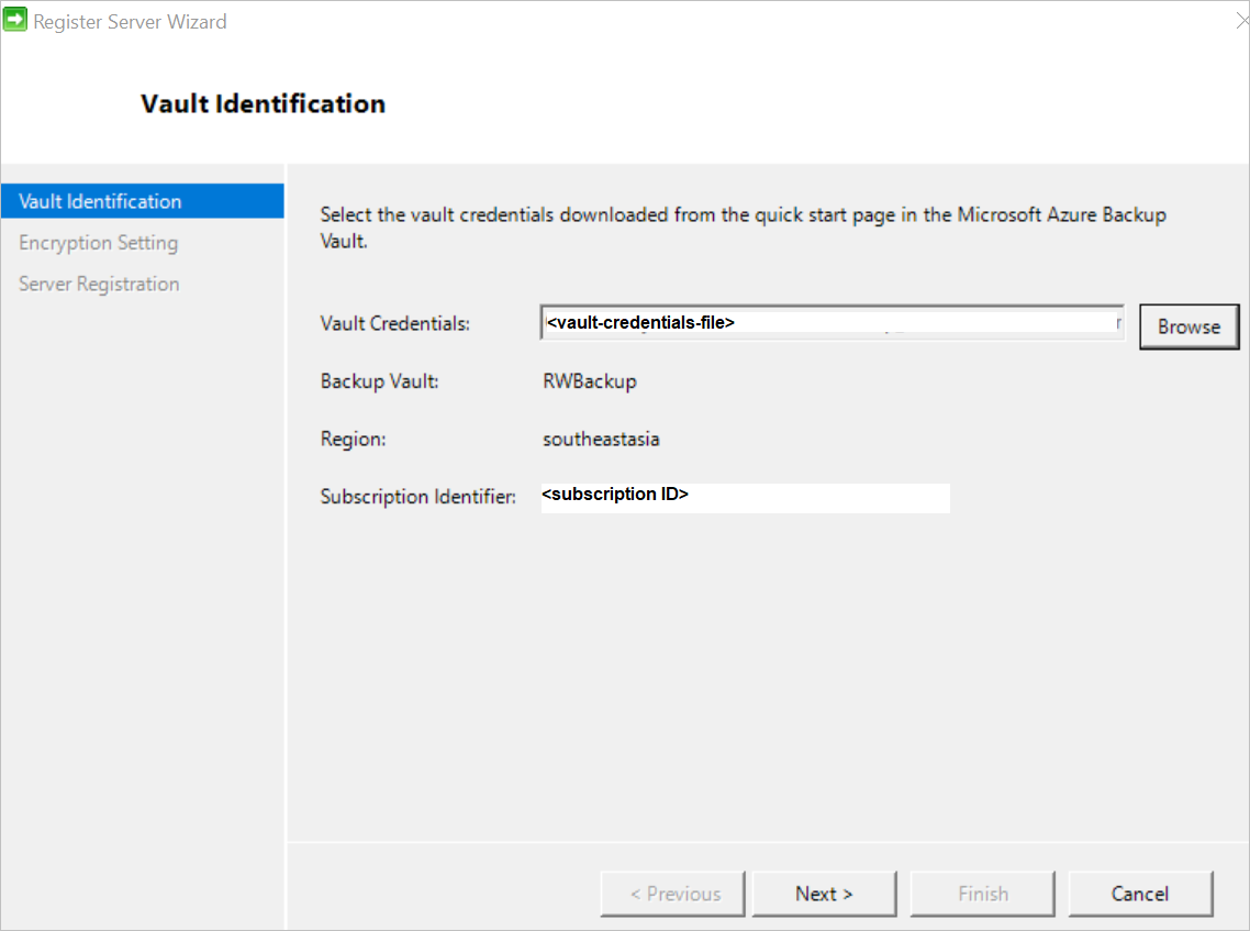 Screenshot shows how to add vault credentials by using the Register Server Wizard.