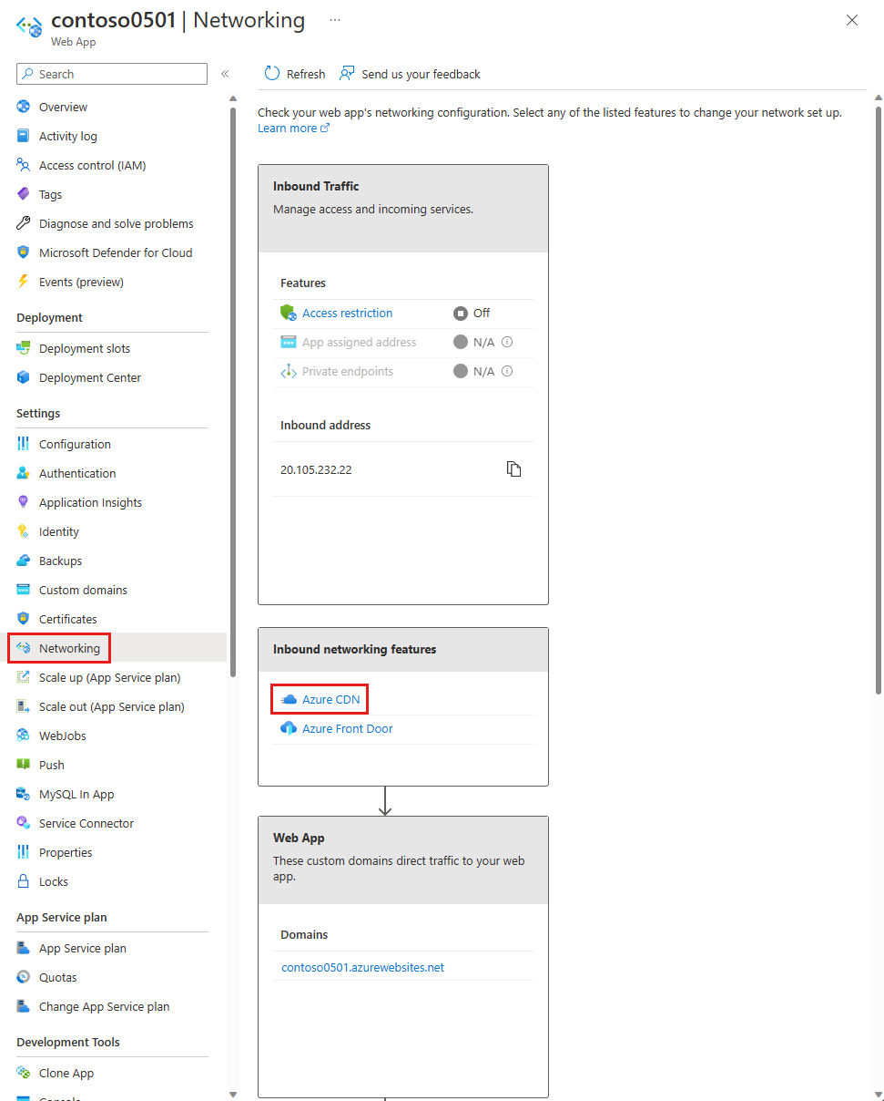 Screenshot of select Azure Content Delivery Network from networking setting of an App Service.