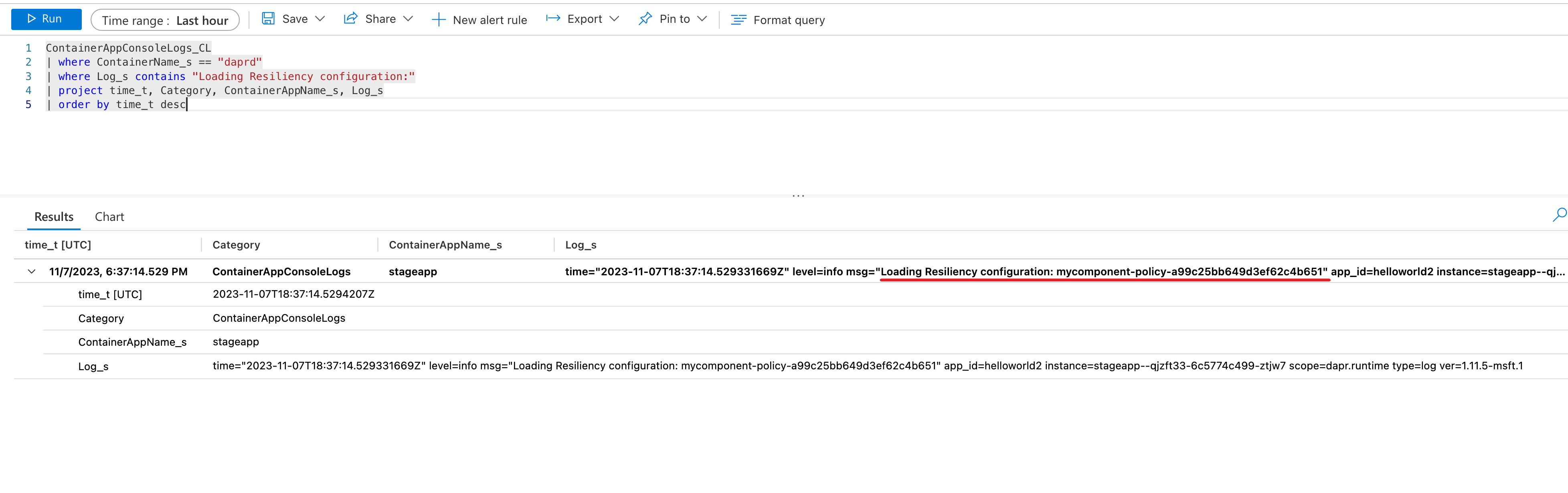 Screenshot showing resiliency query results based on provided query example for checking if resiliency policy has loaded.