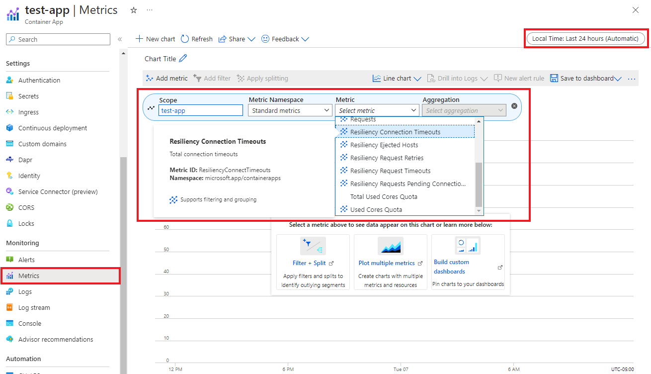 Screenshot demonstrating how to access the resiliency metrics filters for your container app.