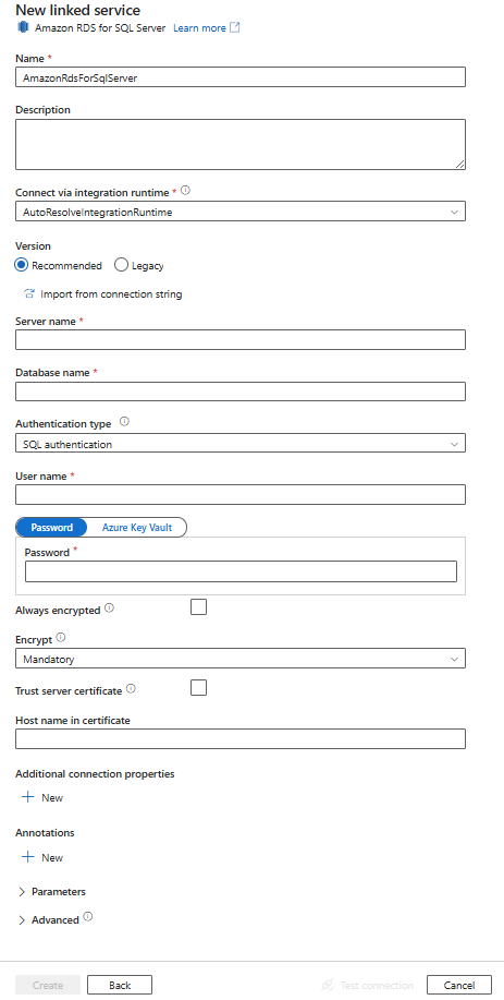 Screenshot of configuration for Amazon RDS for SQL Server linked service.