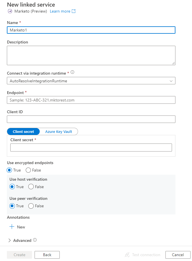 Screenshot of linked service configuration for Marketo.