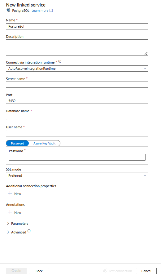 Configure a linked service to PostgreSQL.