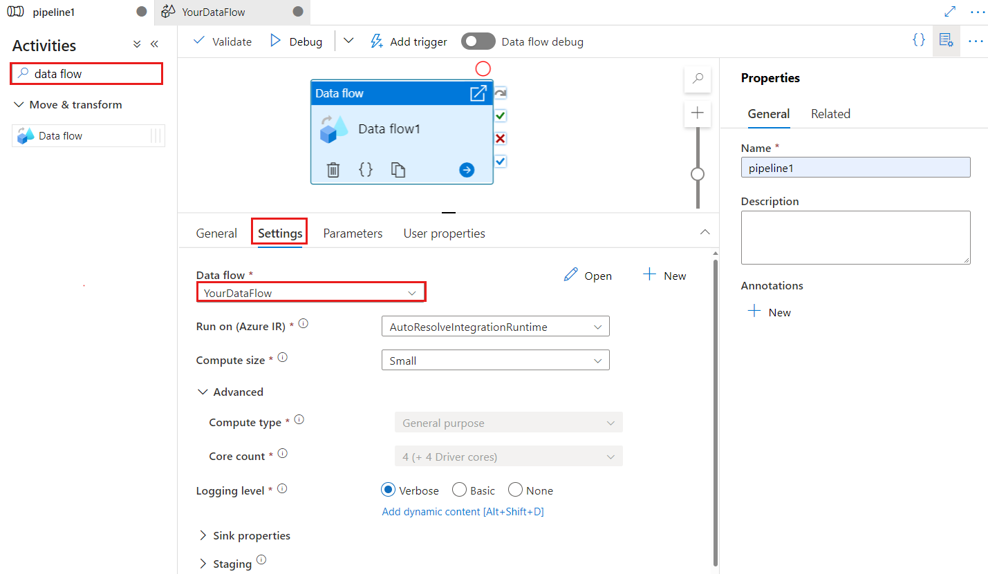 Shows the UI for a Data Flow activity.