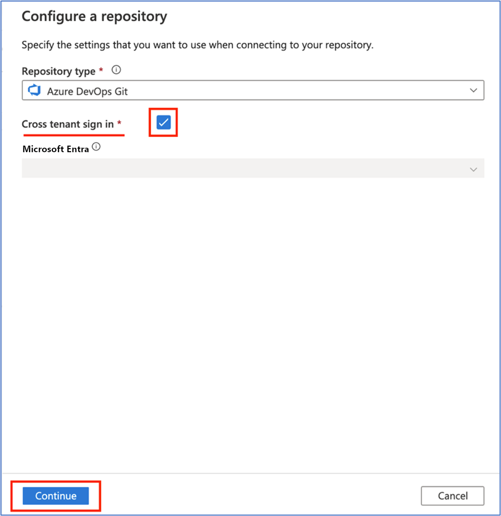 Shows the repository configuration dialog with cross tenant sign in checked.