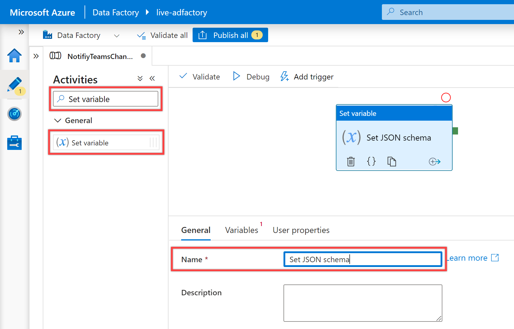 Shows the &quot;Set variable&quot; activity general tab.