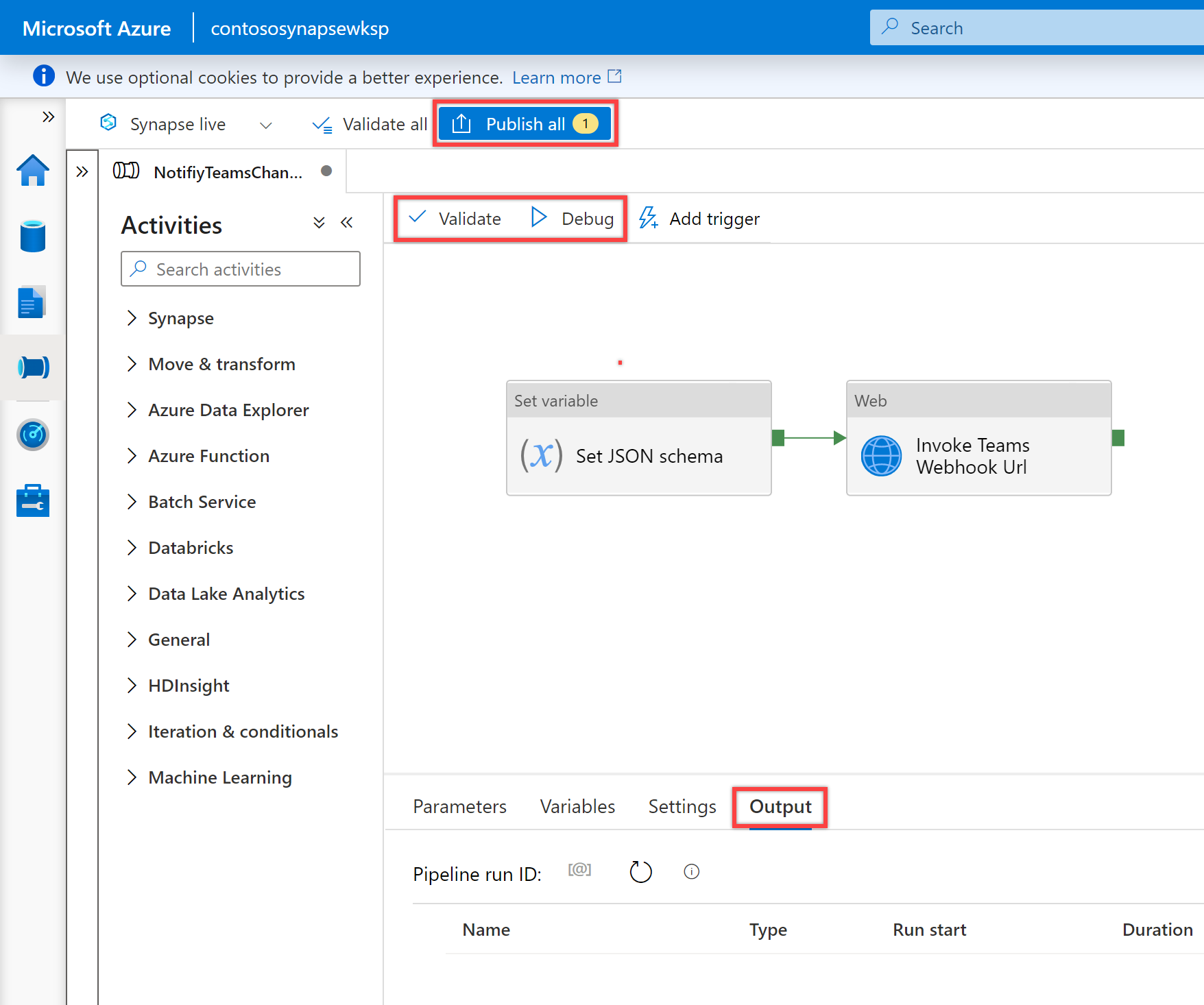 Shows the &quot;Validate, Debug, Publish&quot; buttons to validate, debug, and then publish your pipeline.