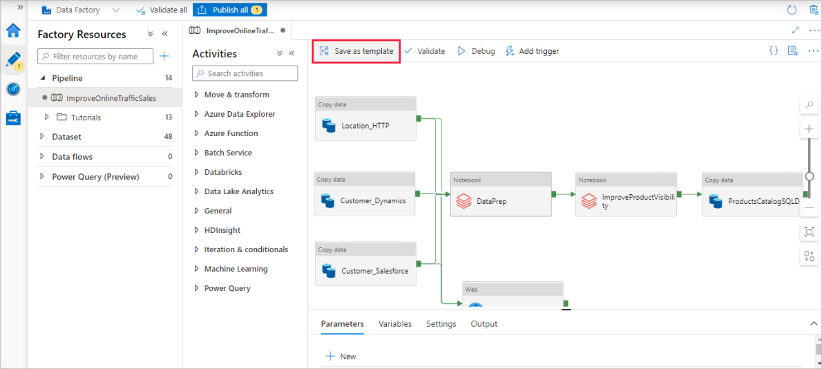 Screenshot showing how to save a pipeline as a template.