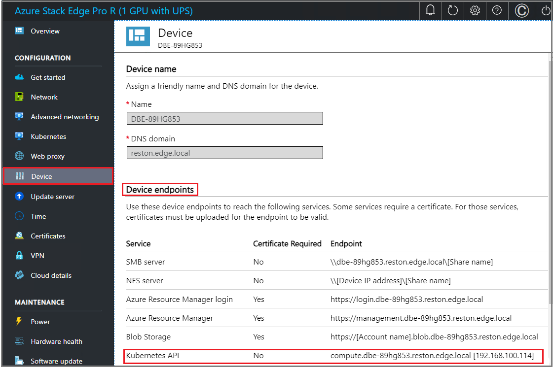 Screenshot that shows the Device page in local U I.