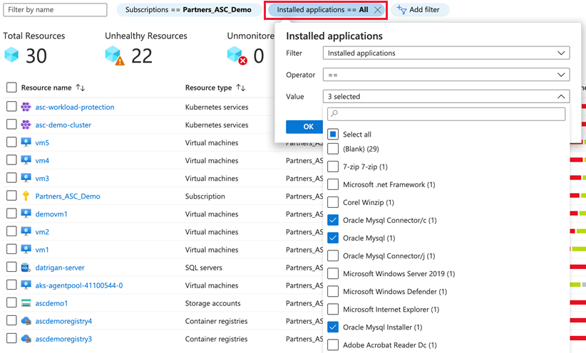 If you've enabled the threat and vulnerability solution, Security Center's asset inventory offers a filter to select resources by their installed software.