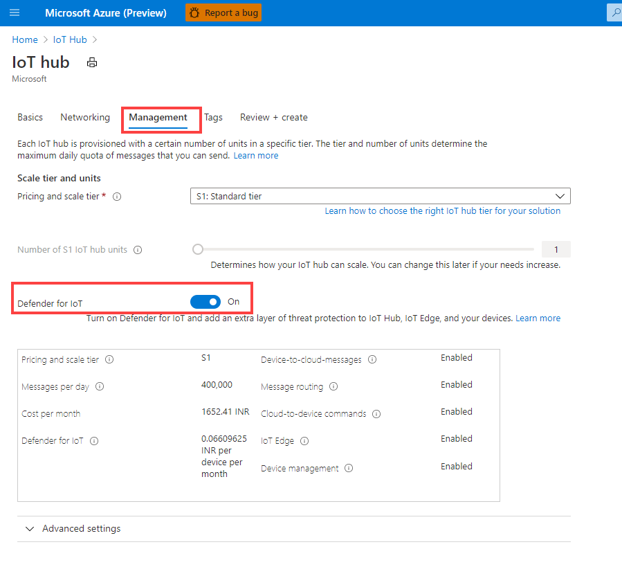 Ensure the Defender for IoT toggle is set to on.