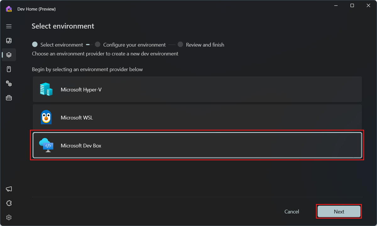 Screenshot of Dev Home, showing the Select environment page with Microsoft Dev Box highlighted.