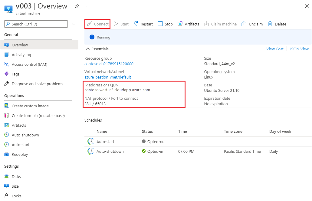 Screenshot that shows the R D P and S S H connection options on a VM Overview page.